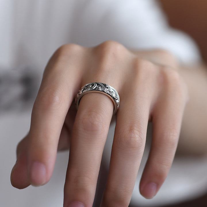 999 Sterling Silver Embossed Auspicious Cloud  Men's And Women's Pure Silver Solid Ring