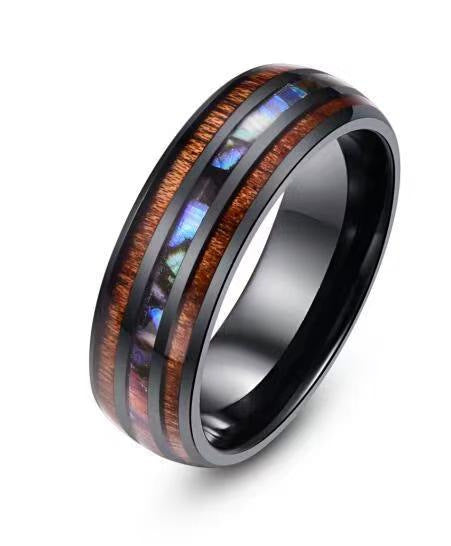 Men's Stainless Steel Retro Wood Grain Shell Ring 8MM Titanium