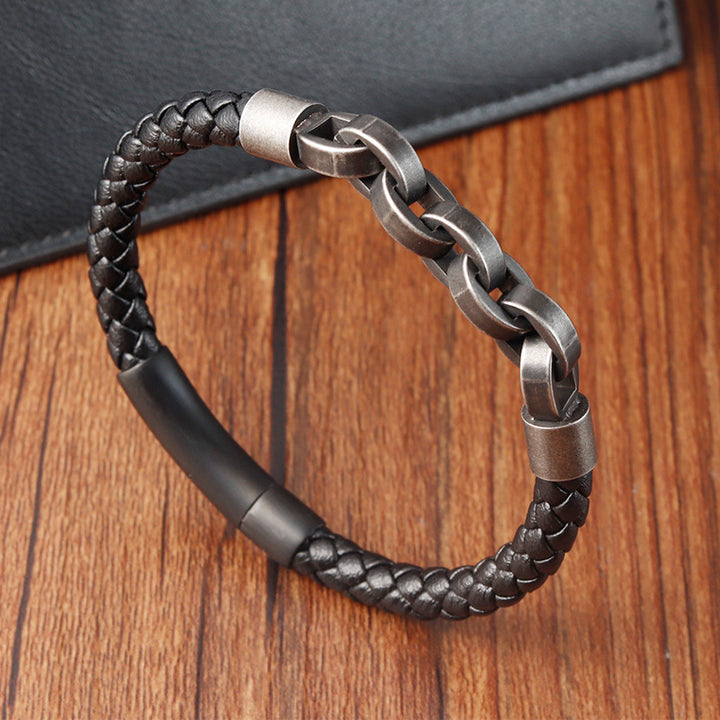 Black Genuine Leather Chain Bracelet Magnetic Buckle