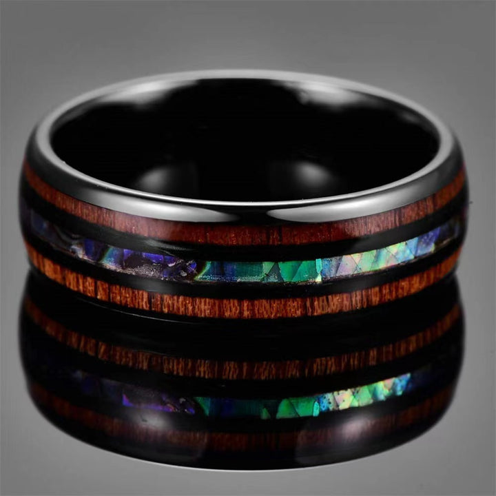 Men's Stainless Steel Retro Wood Grain Shell Ring 8MM Titanium