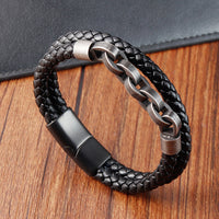 Black Genuine Leather Chain Bracelet Magnetic Buckle